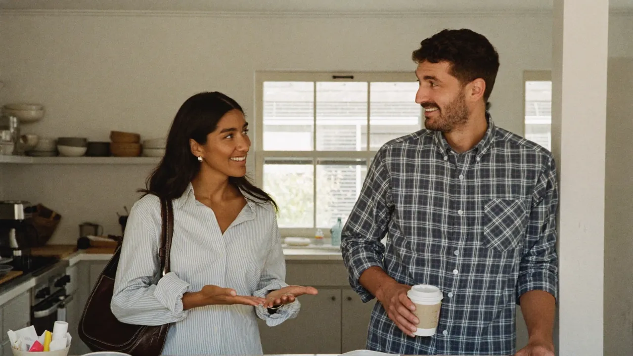A woman explains something to a colleague in the kitchen of a shared workspace.