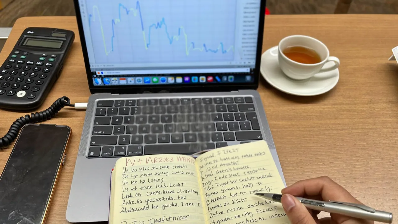A desk from above: laptop, calculator, cup of tea and notebook.