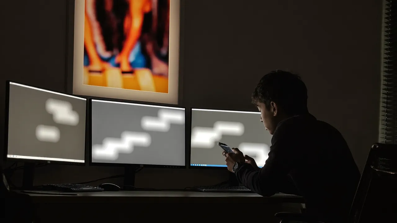 A man works at night on a laptop, his face lit by the screen, a phone beside him.